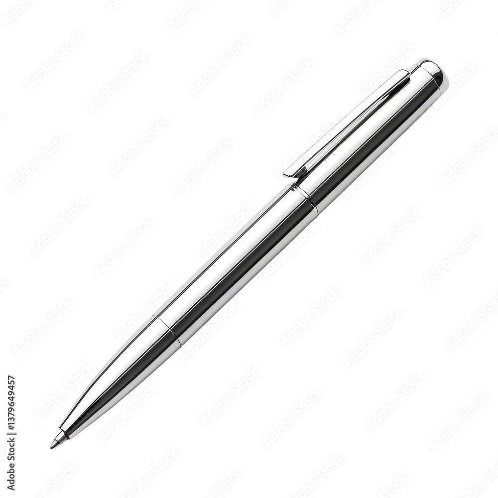 Sleek metallic chrome pen with ballpoint tip and ergonomic grip on transparent background Sleek metallic chrome pen with ballpoint tip and ergonomic grip on transparent background