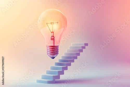 Concept art of an ascending staircase leading into a lightbulb symbolizing innovative success, smooth gradient colors with sharp detailing, soft-focused background for clarity,