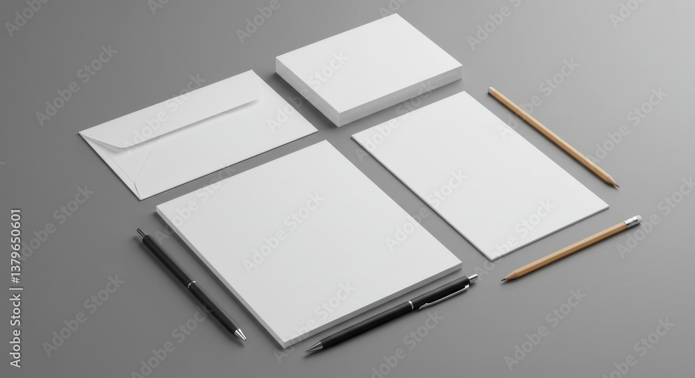 Blank corporate stationery set mockup with envelopes, paper sheet, pen and pencil on gray background Blank corporate stationery set mockup with envelopes, paper sheet, pen and pencil on gray background