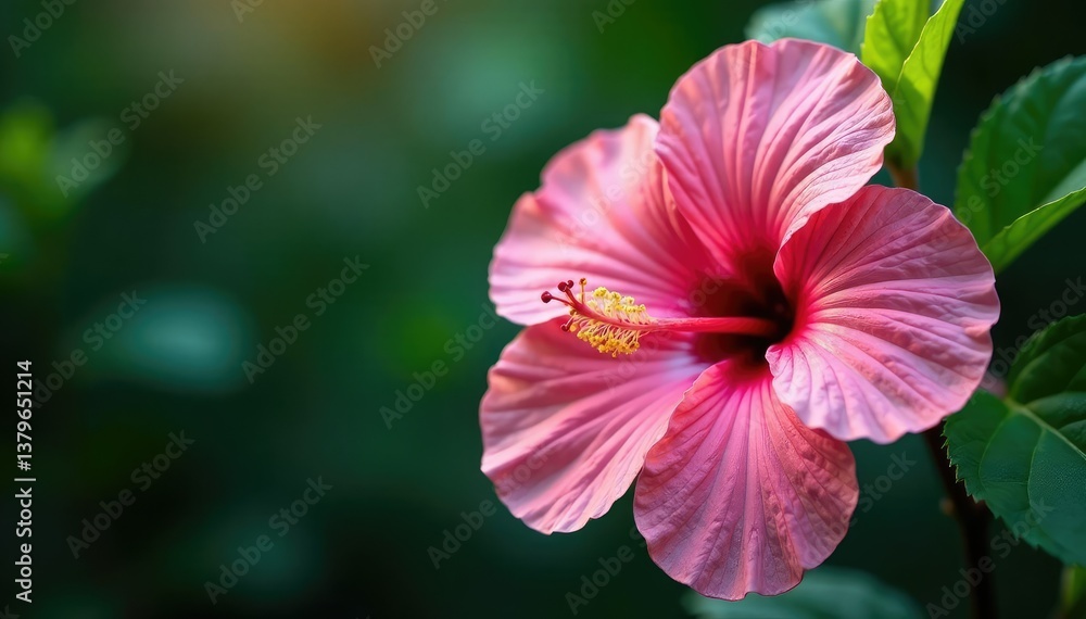 Fototapeta premium Delicate hibiscus petals, leaves, intricate details, elegant design, vibrant, orange, pink