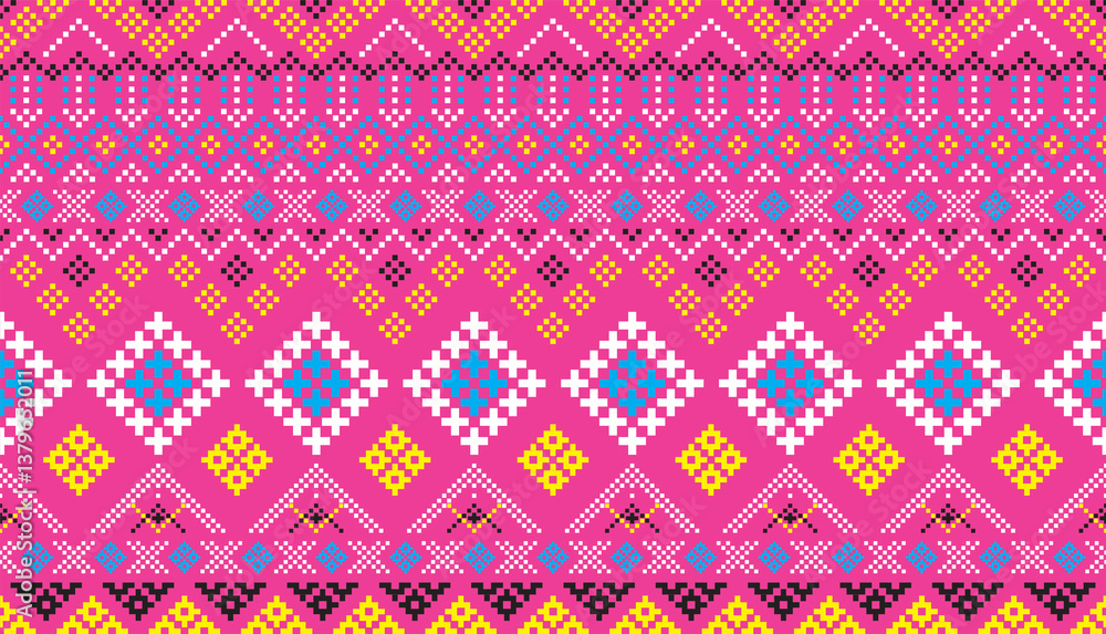Embroidery ethnic pattern, Vector Geometric abstract background, Cross stitch classic aztec style,, seamless pattern, design for wallpaper, carpet, wrapping, fabric, fashion wearing, textile. Embroidery ethnic pattern, Vector Geometric abstract background, Cross stitch classic aztec style,, seamless pattern, design for wallpaper, carpet, wrapping, fabric, fashion wearing, textile.