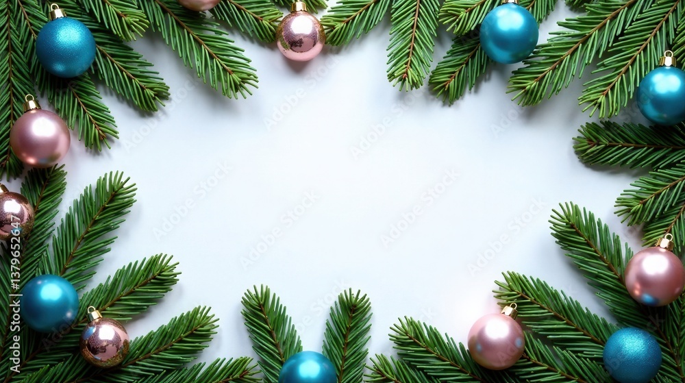 A Festive Frame of Evergreen Branches and Sparkling Ornaments for Holiday Greetings A Festive Frame of Evergreen Branches and Sparkling Ornaments for Holiday Greetings