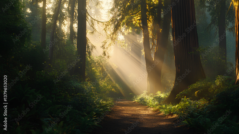 Obraz premium Serene forest trail bathed in golden sunlight with mist and lush green foliage 