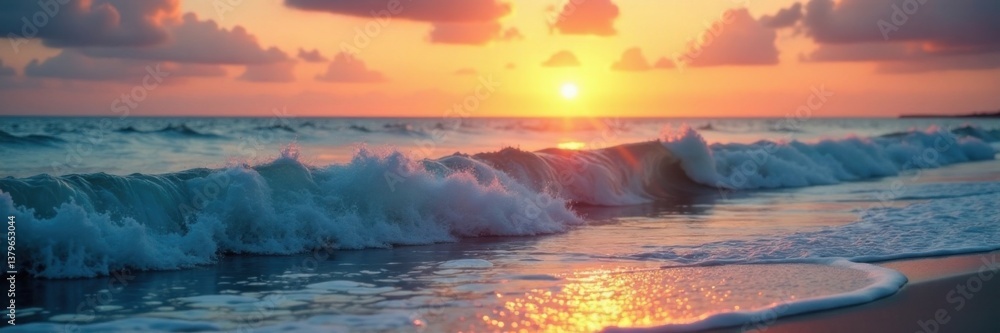 Fototapeta premium Calming ocean waves on a tranquil beach at sunset, serene light blue, soothing, natural landscape