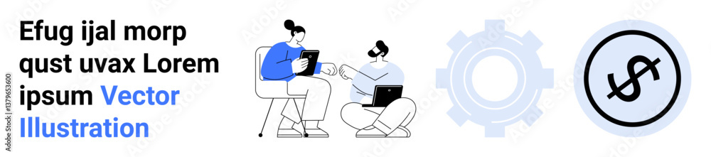 Two professionals discussing work over laptops with a gear icon and a dollar sign. Ideal for business, collaboration, technology, productivity, finance, teamwork, simple landing page Two professionals discussing work over laptops with a gear icon and a dollar sign. Ideal for business, collaboration, technology, productivity, finance, teamwork, simple landing page
