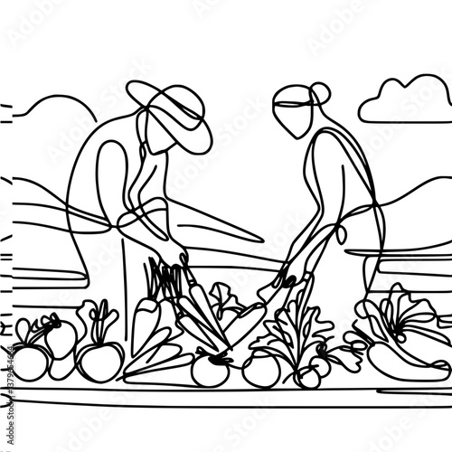 Line Art of Two Farmers Harvesting Vegetables in a Garden, Single line vector drawing  