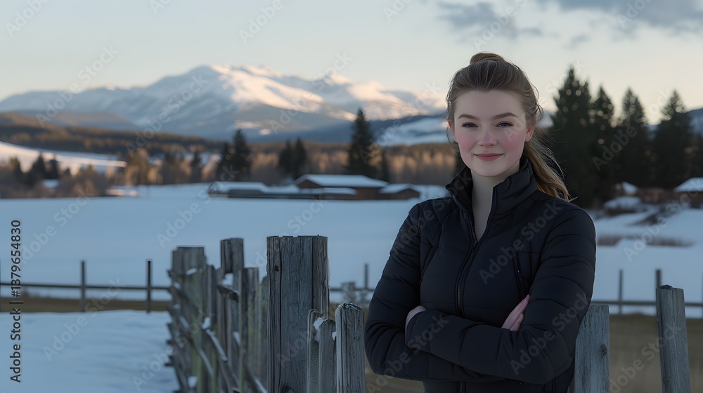Young Woman in Black Jacket Winter Landscape Snow Mountains Young Woman in Black Jacket Winter Landscape Snow Mountains