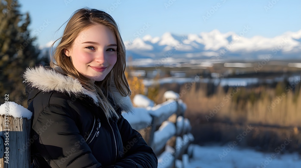 Beautiful Blonde Teen Girl in Winter Coat Posing by Snowy Fence Mountain View Beautiful Blonde Teen Girl in Winter Coat Posing by Snowy Fence Mountain View