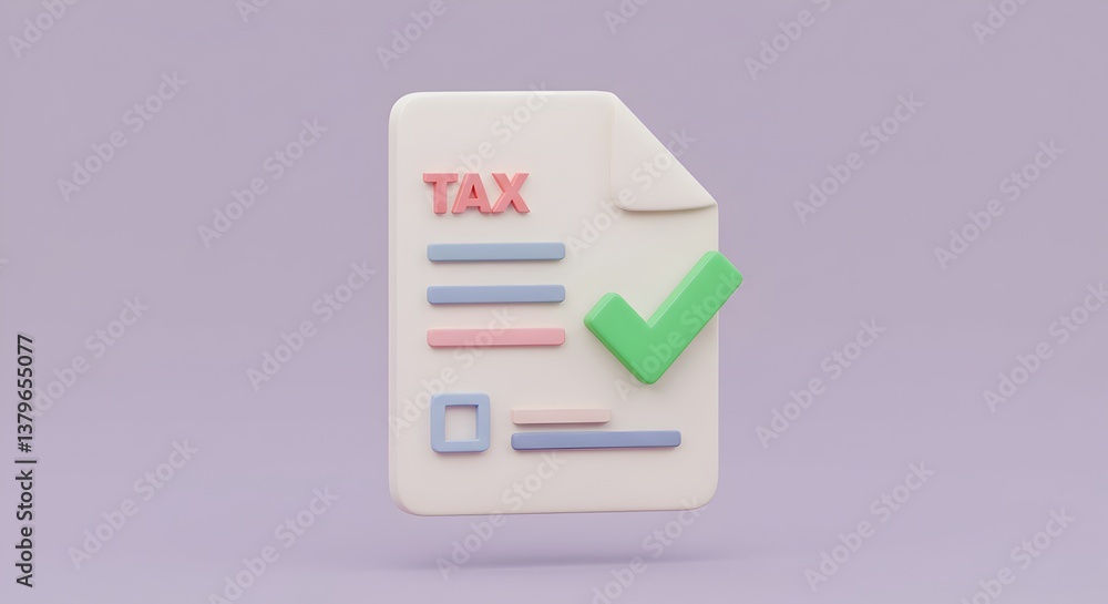 Tax document icon 3D rendering with check mark against a pastel background signifies compliance. Tax document icon 3D rendering with check mark against a pastel background signifies compliance.