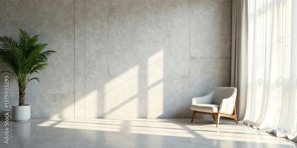 Serene Minimalist Interior Featuring a Comfortable Armchair and a Lush Potted Plant Basking in Sunlight Streaming Through Sheer Curtains Against a Textured Concrete Wall Serene Minimalist Interior Featuring a Comfortable Armchair and a Lush Potted Plant Basking in Sunlight Streaming Through Sheer Curtains Against a Textured Concrete Wall