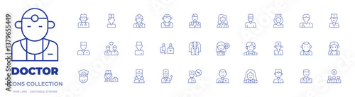 Doctor icons collection. Thin Line icons, editable stroke. doctor, vet, medical team, doctor coat, health, dermatologist, doctors office