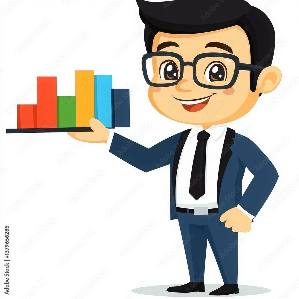 Cheerful Businessman Holding Colorful Bar Graph on Presentation Board Cheerful Businessman Holding Colorful Bar Graph on Presentation Board