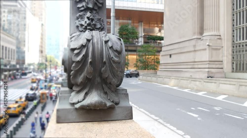 New York City Grand Central Terminal railway station, 42 street. Manhattan Midtown. Yellow taxi cab row, car transport and Pershing Square bridge, NYC, USA. American road traffic, people pedestrians.