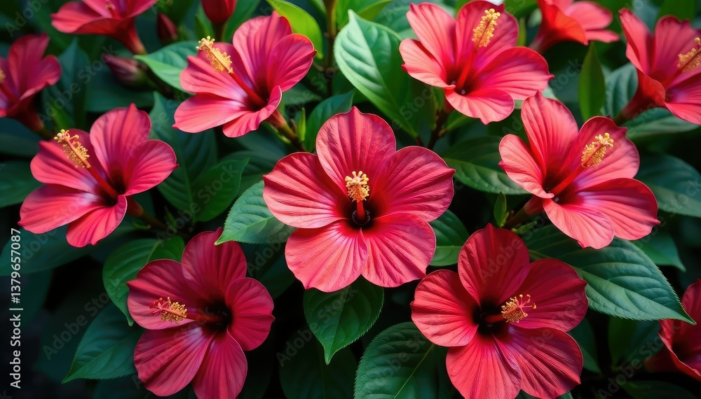 custom made wallpaper toronto digitalVibrant hibiscus blooms, lush green leaves, repeating pattern , style, bright