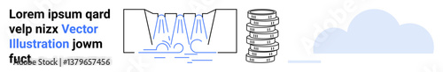 Diagram of data pipelines moving data to stacked storage infrastructure next to a cloud shape. Ideal for data management, cloud computing, digital transformation, big data, networks, analytics