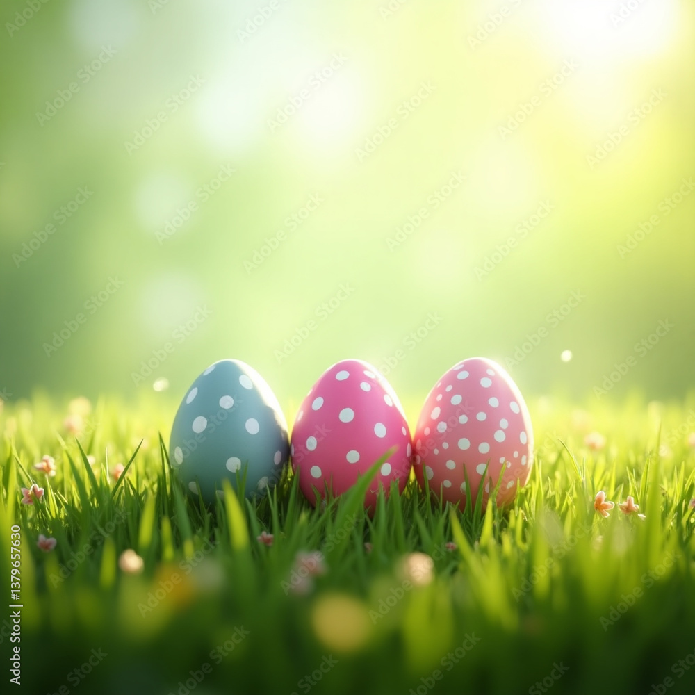A collection of 3 painted easter eggs celebrating a Happy Easter with green grass and blurred green grass foreground and isolated against a transparent background template A collection of 3 painted easter eggs celebrating a Happy Easter with green grass and blurred green grass foreground and isolated against a transparent background template