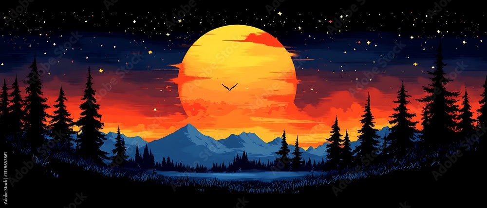 Sunset Mountains Forest Night Sky. Sunset Mountains Forest Night Sky.