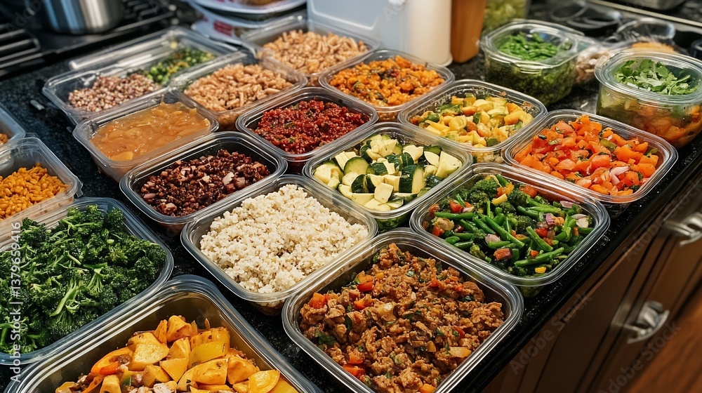 Organized meal prepping showcasing diverse and fresh ingredients for balanced diet Organized meal prepping showcasing diverse and fresh ingredients for balanced diet