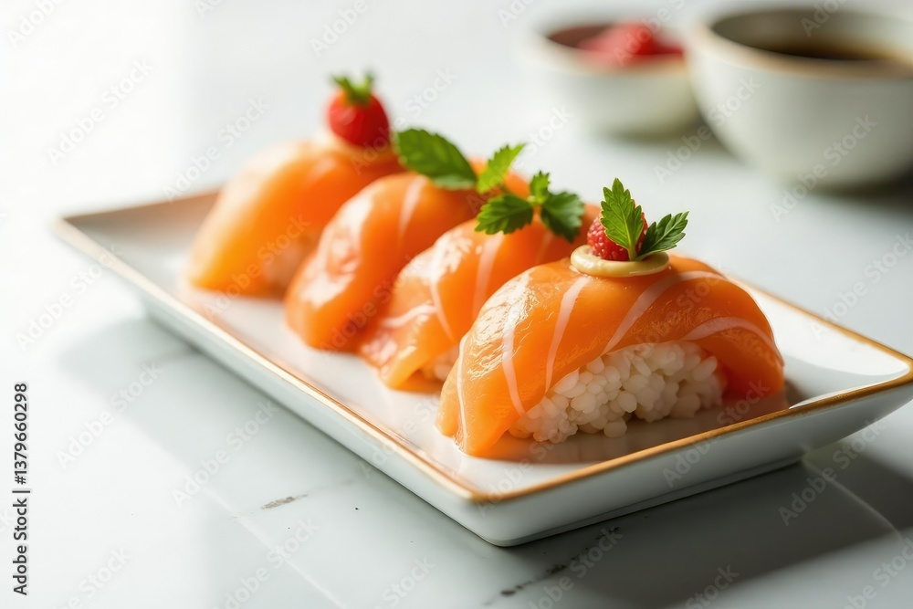 Elegant sushi platter, pristine white backdrop, macro, closeup Elegant sushi platter, pristine white backdrop, macro, closeup