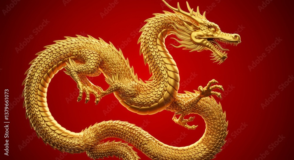 Fototapeta premium Golden Dragon on red background. 3d rendering and illustration