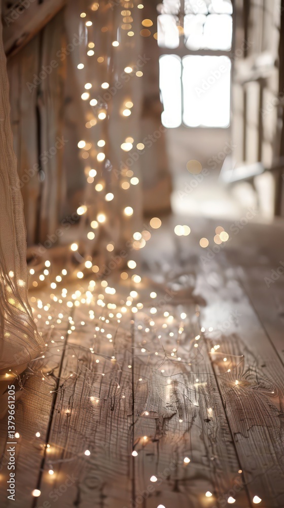 Fototapeta premium A serene hallway adorned with twinkling fairy lights on a wooden floor.