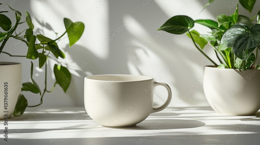 Sunlight, plants, coffee cup, white table Sunlight, plants, coffee cup, white table
