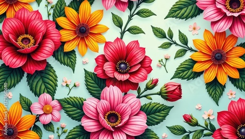 Intricate floral textile design, repeating seamlessly , nature, fabric, geometric