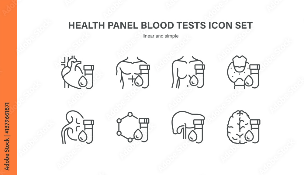Health Panel Blood Tests Icons Set. Linear Vector Illustrations of General Health Panels, Heart, Liver, Brain, Thyroid, Hormones, Male and Female Body, Kidney, Metabolic and Endocrine Panels Health Panel Blood Tests Icons Set. Linear Vector Illustrations of General Health Panels, Heart, Liver, Brain, Thyroid, Hormones, Male and Female Body, Kidney, Metabolic and Endocrine Panels