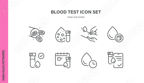 Blood Test Vector Icons Set. Medical Sampling, Glucose Detection, Hemoglobin Analysis and Laboratory Procedures. Editable Linear Icons Collection.