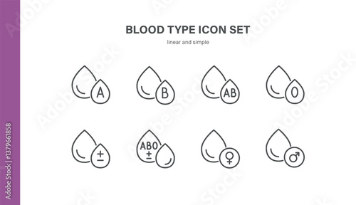 Blood Type Icons Set. Line Vector Symbols of Blood Groups A, B, AB, O, Rh Factor, ABO Classification, Male and Female Markers for Donation and Compatibility