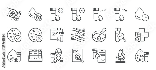 Complete Blood Count Icons Set. Linear Vector Illustrations of CBC Cells, Red and White Blood Elements, Microscopy, Samples, Results, Glucose, Lab and Testing Vials