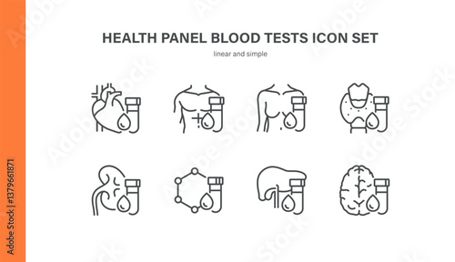 Health Panel Blood Tests Icons Set. Linear Vector Illustrations of General Health Panels, Heart, Liver, Brain, Thyroid, Hormones, Male and Female Body, Kidney, Metabolic and Endocrine Panels