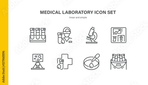 Medical Laboratory Icons Set. Linear Vector Illustrations of Microscope, Test Tubes, Lab Technician, Analyzer Screen, Blood Test, Petri Dish, Research Display, Cross Sign and Sample Rack

