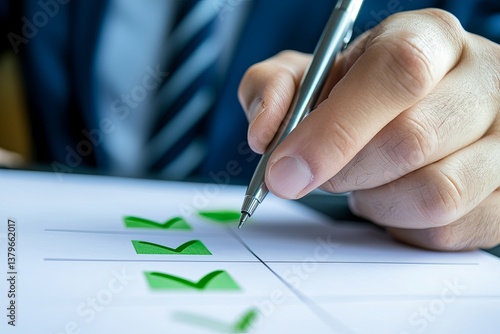 A businessman meticulously ticked a green box in a quality document control checklist, his focus unwavering as he ensured every detail aligned with the project s specific