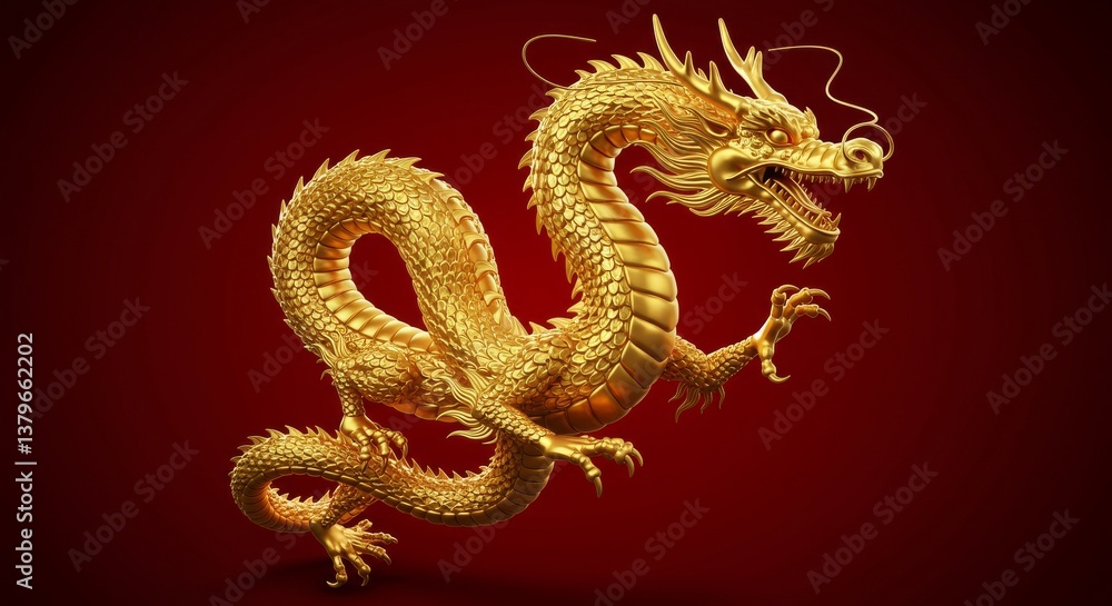 Fototapeta premium Golden Dragon on red background. 3d rendering and illustration