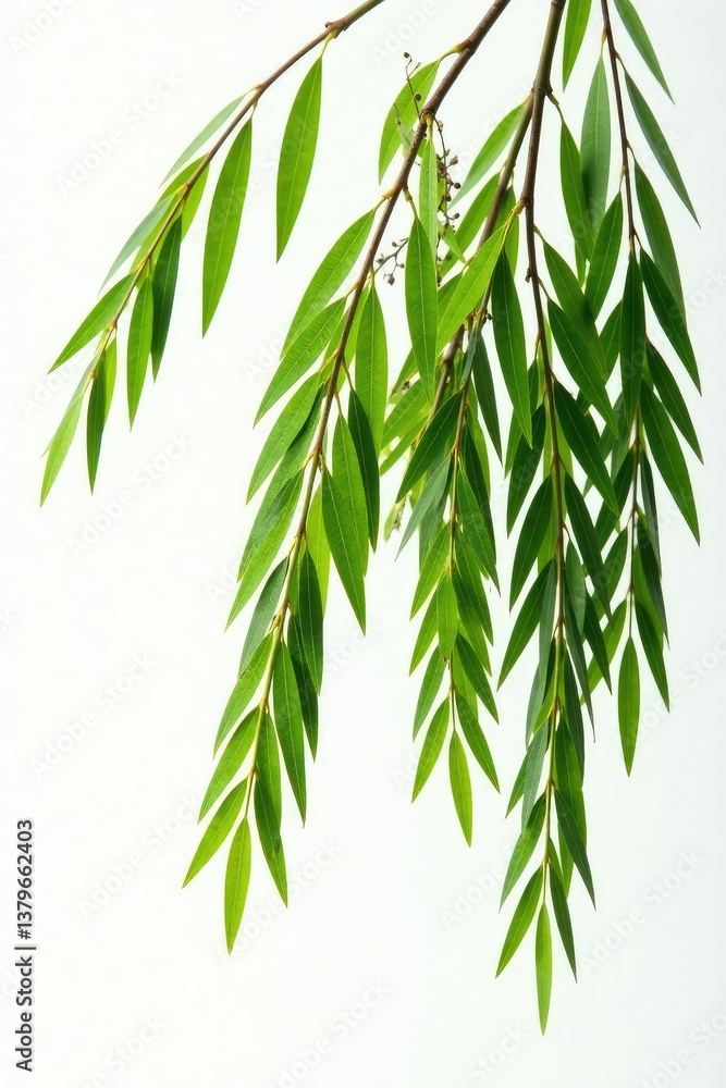 Long willow branches on a stark white background, elegant, slender, flowing Long willow branches on a stark white background, elegant, slender, flowing