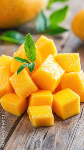 Ripe mango cubes on wooden surface with green leaves