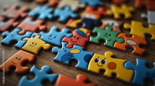 Colorful jigsaw puzzle pieces with smiling faces arranged on wood