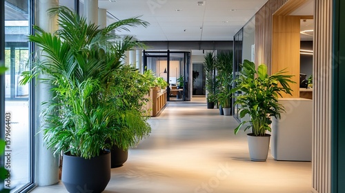 Serene office corridor adorned with vibrant greenery and contemporary design