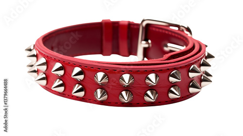 Close up of a red leather dog collar with silver spikes on it