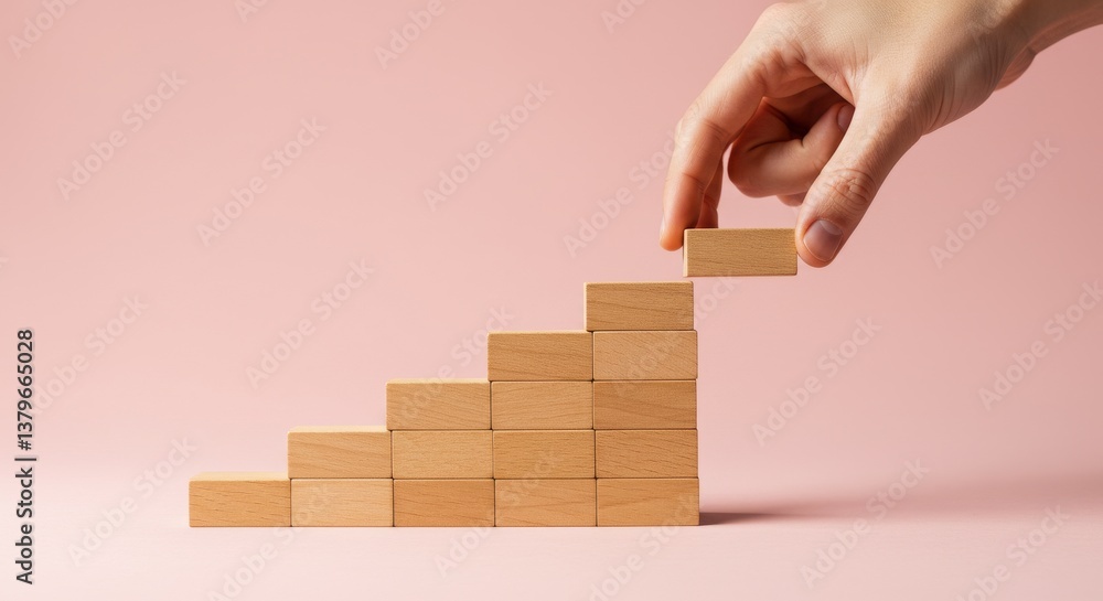 Hand arranging wood block stacking as step stair on paper pink background. Business concept growth success process, copy space Hand arranging wood block stacking as step stair on paper pink background. Business concept growth success process, copy space
