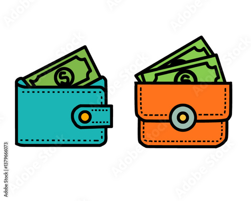 Icon illustration of two wallets with dollar bills, one Tosca with a button strap and one orange with a clasp. 
