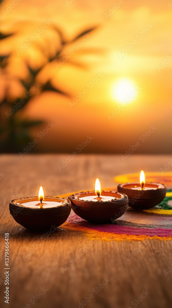 Three lit diyas on wooden surface with sunset background Three lit diyas on wooden surface with sunset background