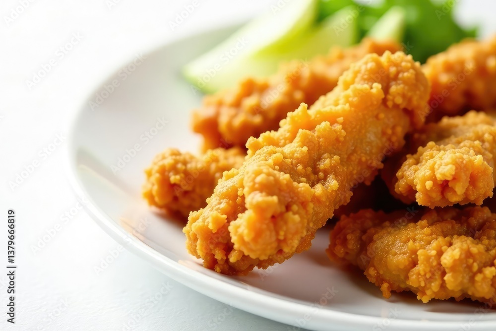 Close-up of crispy fried chicken strips on white , studio shot, protein, lunch Close-up of crispy fried chicken strips on white , studio shot, protein, lunch