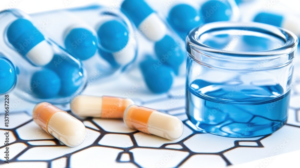 Blue and White Capsules and Vial on Abstract Background