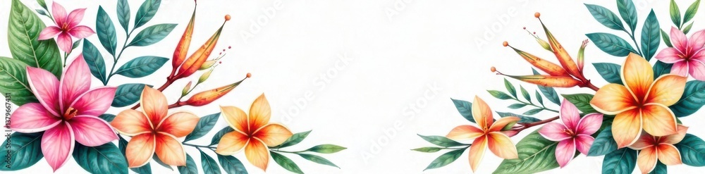 Fototapeta premium Watercolor floral arrangement with exotic flowers and foliage, bees, greenery