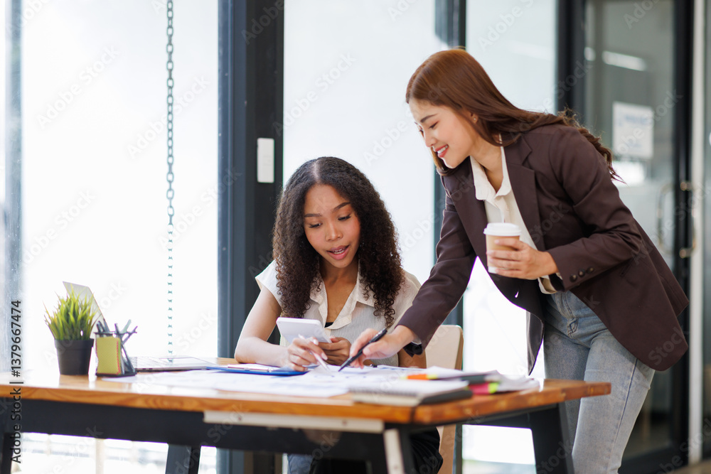 Analyze financial data and accounting record with calculator in meeting office, Accounting company charts and graphs banner, double exposure successful business finance and taxation planning concept.	