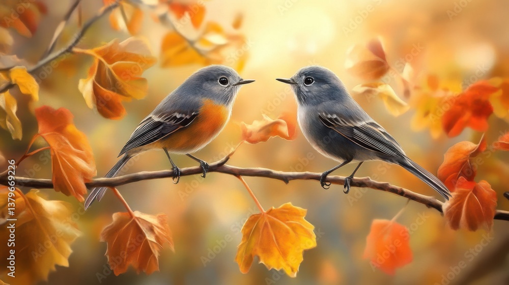 A charming image of two songbirds perched side by side, their tunes blending harmoniously with the crisp fall atmosphere. A charming image of two songbirds perched side by side, their tunes blending harmoniously with the crisp fall atmosphere.