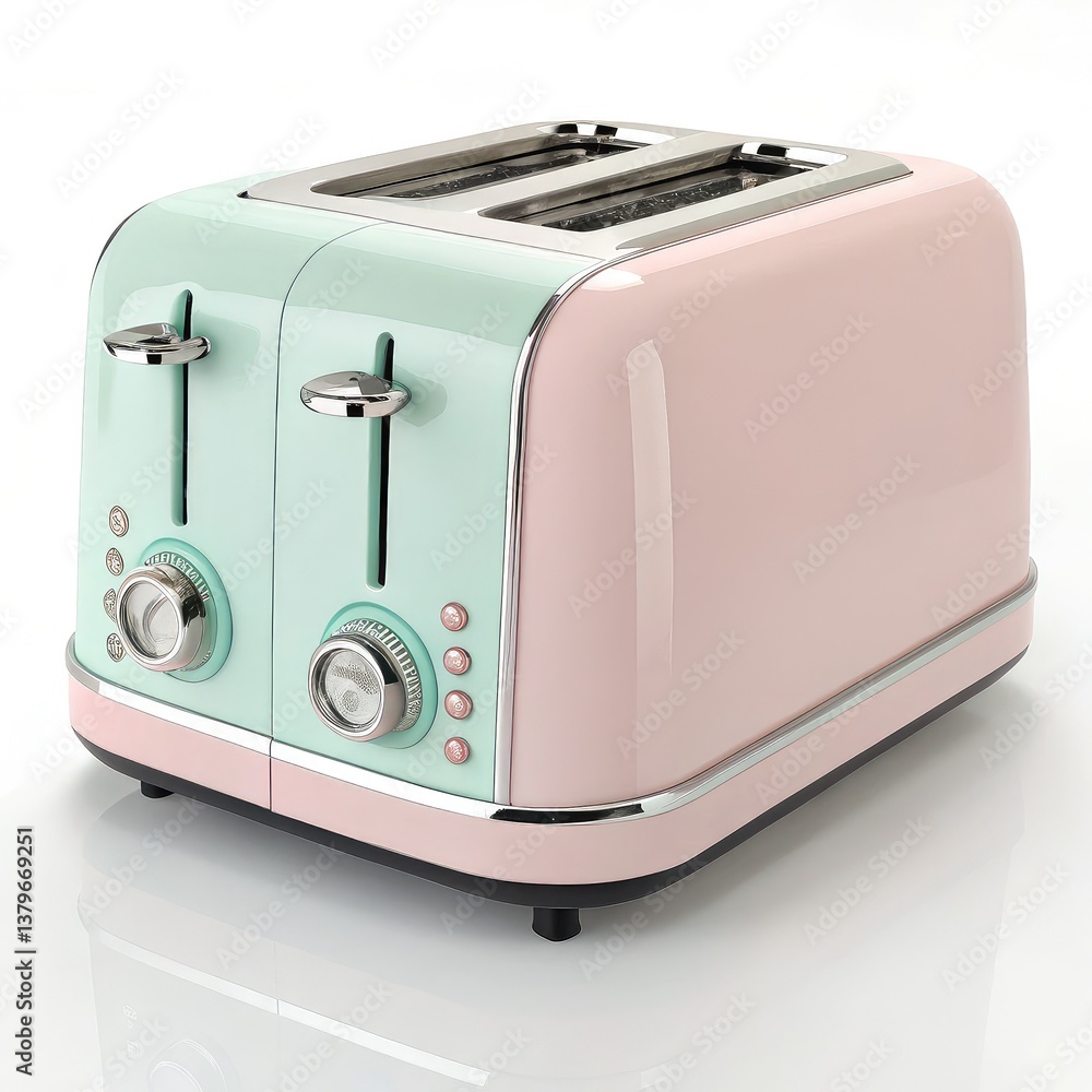 A stylish retro toaster with a mint green and pink design, featuring dual slots and knobs for perfect toasting. Ideal for modern kitchens with a vintage touch. A stylish retro toaster with a mint green and pink design, featuring dual slots and knobs for perfect toasting. Ideal for modern kitchens with a vintage touch.