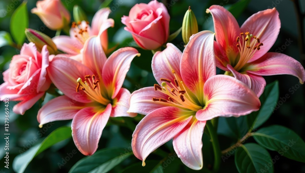 Fototapeta premium Intricate blooming roses & lilies, lush green leaves, antique, detail, vibrant